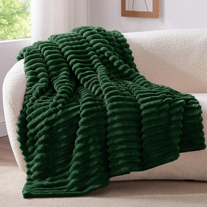 BEDELITE Twin Blanket for Couch & Bed, 300GSM Soft & Warm Fleece Blanket, Decorative and Giftable Striped Forest Green Blankets for Women, Men, 60"x80"