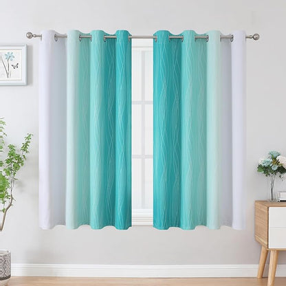 Estelar Textiler Teal and Greyish White Blackout Curtains 45 Inch Length, Light Blocking Gradient Drapes for Kitchen, Thermal Insulated Grommet Ombre Curtains for Bathroom,52Wx45L,2 Panels