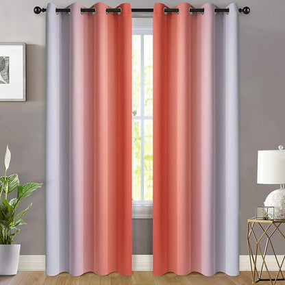 Yakamok Light Blocking Ombre Curtains, Greyish White and Coral Gradient Color Curtains with Grommet,Room Darkening Window Drapes for Bedroom (52x84 Inch, 2 Panels)
