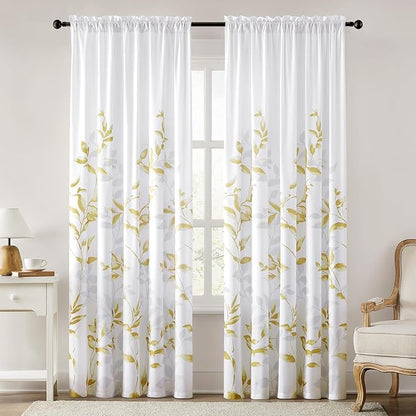 HOMEIDEAS Non-See-Through Gold and White Privacy Sheer Curtains 52 X 84 Inch Length 2 Panels, Leaf Floral Printed Light Filtering Semi Sheer Window Curtains Drapes for Bedroom Living Room