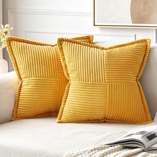 MIULEE Golden Yellow Corduroy Pillow Covers 20x20 Inch with Splicing Set of 2 Soft Boho Striped Pillow Covers Broadside Decorative Textured Summer Pillowcases for Couch Cushion Bed Livingroom