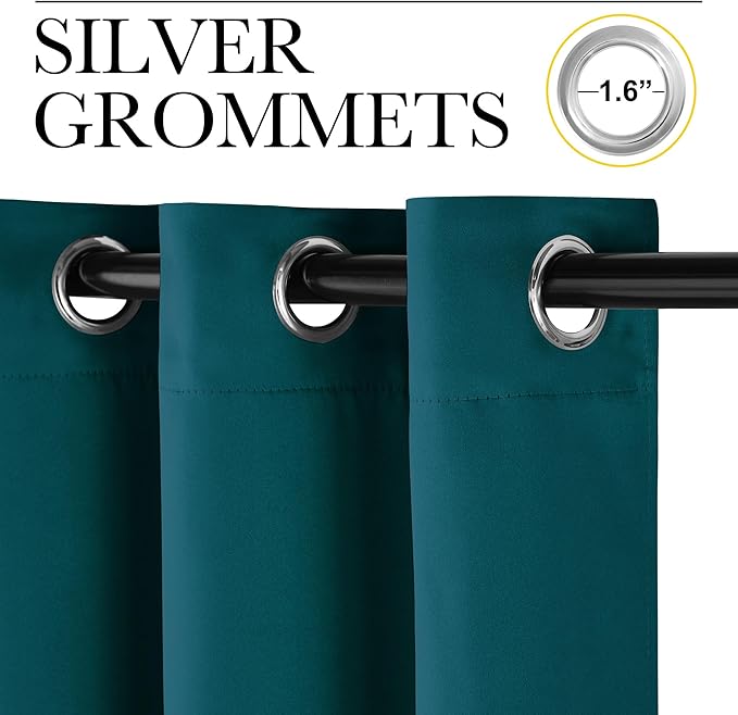 NICETOWN Teal Blackout Cafe Faux Silk Curtains for Small Windows, 42" Wide by 84" Long, 2 Panels, Grommet Thermal Insulated Blackout Satin Drapes for Bedroom