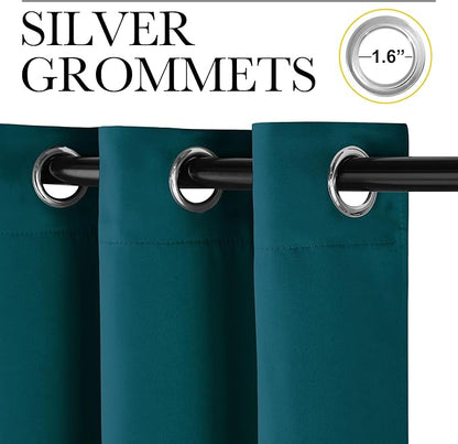 NICETOWN Teal Blackout Cafe Faux Silk Curtains for Small Windows, 42" Wide by 63" Long, 2 Panels, Grommet Thermal Insulated Blackout Satin Drapes for Bedroom