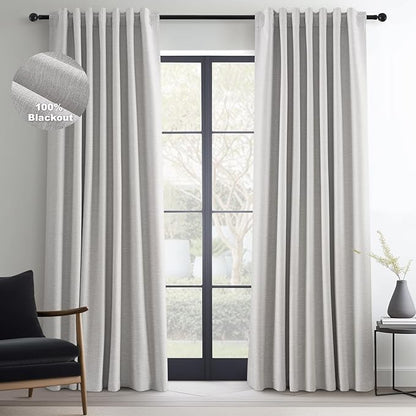Topfinel 105 Inches Long Custom Black Out Faux Thick Linen Drapery Two Panels, Gray Sound Proof Tape Trim Back Tab Curtains, Pleated Outdoor Patio Curtains, Cortinas para Cuarto Bloqueador Christmas