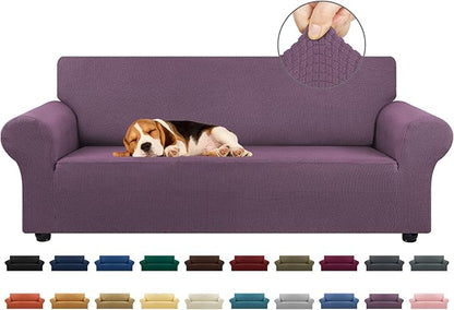 KEKUOU Stretch Sofa Cover Slipcover ，Couch Covers for 3 Cushion Couch Sofa pet Friendly (78"-94") Furniture Protector Sofa with Elastic Bottom for Kids,Dog, Jacquard Small Checked(Large,Dark Purple)