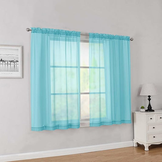 Simplebrand Aqua Short Sheer Curtains 45 Inch Length for Small Windows, Rod Pocket 2 Panels Set Solid Voile Drapes Window Sheer Curtains for Bedroom Bathroom Kids Room Kitchen, 42x45 Inch, Aqua