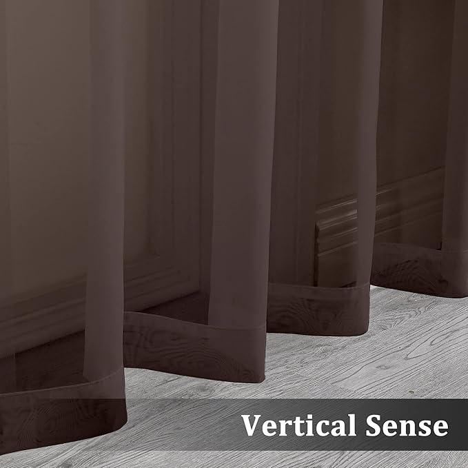 OVZME Elegant Voile Panels - Solid Color Sheer 96" Length Window Curtains, Chocolate, 2 Panels=84" W