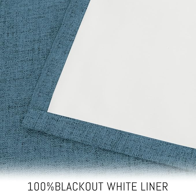 Yakamok Dusty Blue Linen Curtains 100% Blackout 90 Inches Long,Room Darkening Textured Curtains for Living Room Thermal Grommet Bedroom Curtain 2 Panels with White Liner