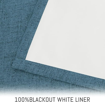 Yakamok Dusty Blue Linen Curtains 100% Blackout 96 Inches Long,Room Darkening Textured Drapes for Living Room Thermal Grommet Bedroom Curtains 2 Panels with White Liner