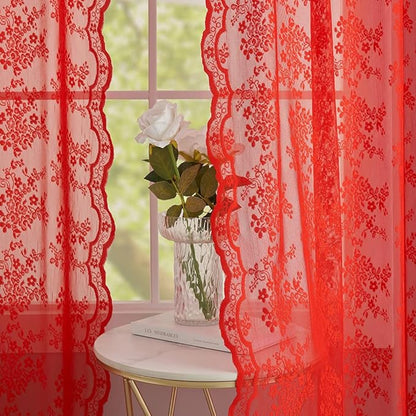 YJ YANJUN Vintage Lace Curtains 84 Inches Long-Victorian Floral Pattern Red Sheer Curtain Panels for Living Room Bedroom,Light Filtering, Xmas Gift for Holiday Decor 2 Panels 52W x 84L