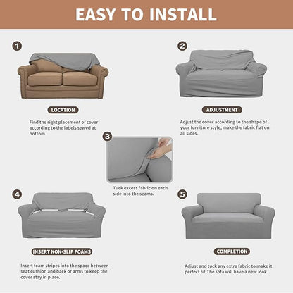Easy-Going 100% Waterproof Loveseat Couch Cover, Dual Waterproof Sofa Cover, Stretch Jacquard Sofa Slipcover, Leakproof Furniture Protector for Kids, Pets, Dog and Cat (Loveseat, Light Gray)