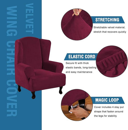 H.VERSAILTEX Wingback Chair Covers Velvet Plush Wing Chair Slipcover 1 Piece High Stretch Wing Back Chair Slipcovers Sofa Cover Furniture Cover with Elastic Bottom, Burgundy