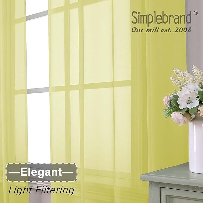 Simplebrand Lemon Sheer Curtains 96 Inches Long, Light Filtering Rod Pocket Solid Color Window Sheer Curtain Panels, Elegant Curtains & Drapes for Living Room, Bedroom 2 Panels (Lemon, 42" W x 96" L)