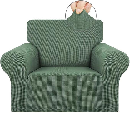 KEKUOU Stretch Single Sofa Slipcover 1 Piece Couch Sofa Cover (31"-55") Furniture Protector 1 Seater Sofa with Elastic Bottom for Kids,Pet.Jacquard Small Checked Pattern Fabric(Small,Greyish Green)