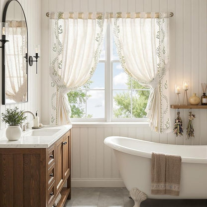 jinchan Belrose Linen Floral Cafe Curtains 54 Inch Length Embroidered Farmhouse Curtains for Kitchen Bedroom Bathroom Small Windows Curtain Set Light Filtering 2 Panels Sage Green