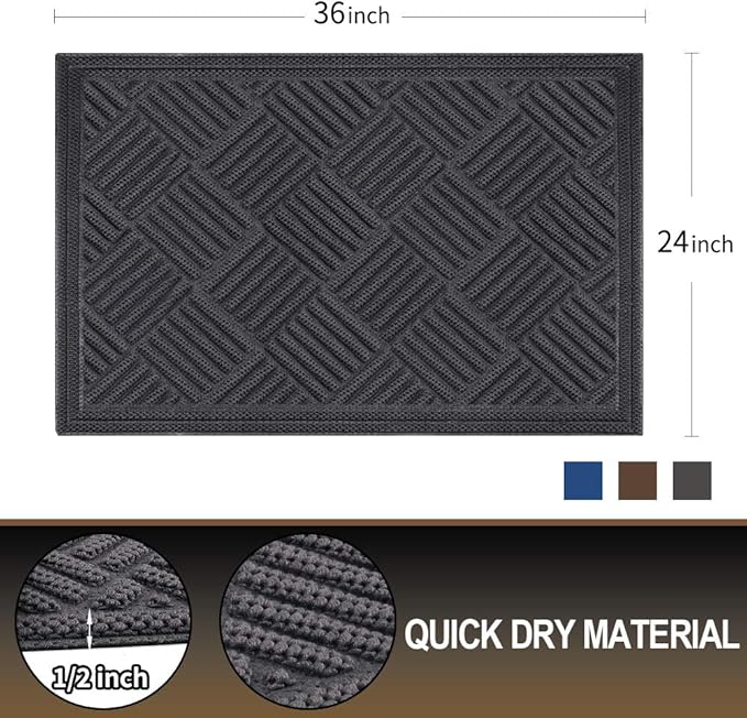 Mibao Front Door Mat, Dirt Trapper Welcome Mat for Outdoor Indoor, Non-Slip Waterproof Doormat, Durable Machine Washable Low Profile Entry Rug for Back Door Outside Patio Porch, 35.5" x 24", Gray