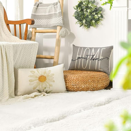 AVOIN colorlife Home Sweet Home Spring Summer Flowers Throw Pillow Covers, 12 x 20 Inch Grey Cushion Case for Sofa Couch Set of 4