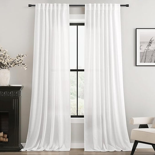 Linen White Curtains 90 inches Long for Bedroom Loop Pocket Privacy Light Filtering Semi Sheer White Boho Farmhouse Curtain Drapes Cotton Textured Modern Elegant Coastal Living Room Decor 60x90