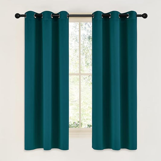 NICETOWN Teal Blackout Cafe Faux Silk Curtains for Small Windows, 42" Wide by 63" Long, 2 Panels, Grommet Thermal Insulated Blackout Satin Drapes for Bedroom