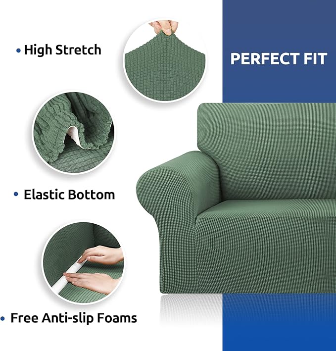 KEKUOU Stretch Single Sofa Slipcover 1 Piece Couch Sofa Cover (31"-55") Furniture Protector 1 Seater Sofa with Elastic Bottom for Kids,Pet.Jacquard Small Checked Pattern Fabric(Small,Greyish Green)