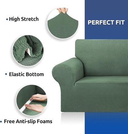 KEKUOU Stretch Single Sofa Slipcover 1 Piece Couch Sofa Cover (31"-55") Furniture Protector 1 Seater Sofa with Elastic Bottom for Kids,Pet.Jacquard Small Checked Pattern Fabric(Small,Greyish Green)