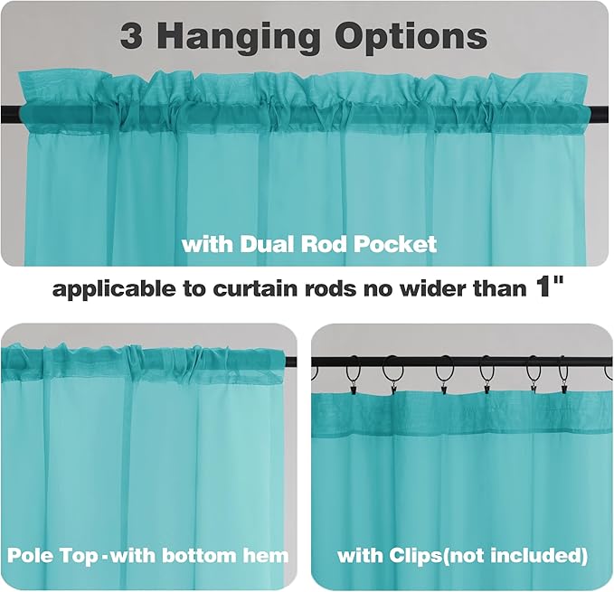 Chyhomenyc Turquoise Sheer Valances for Windows - Light Filtering Small Kitchen Curtains, Rod Pocket Short Top Window Treatment Decor for Living Room Bathroom Basement, 42Wx16L inches, 2 Panels
