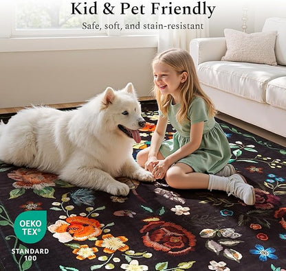 Rugflix 5x7 Washable Area Rug for Living Room, Soft Non Slip Low Pile Carpet, Floral Vintage Stain Resistant Rugs for Bedroom, Dining Room, Home Office, Black