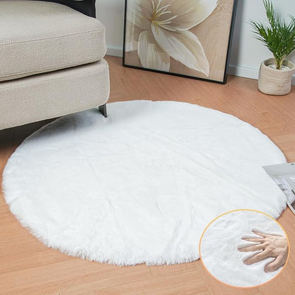 ORINOVA White Faux Fur Round Rug 4ft Fluffy Rabbit Fur Rug Machine Washable Circle Area Rugs for Living Room Bedroom Home Teen Room Nursery Décor
