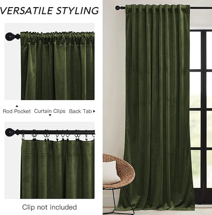 RYB HOME Olive Green Velvet Curtains 63 inches Length with Hook Tape, Thermal Insulated Privacy Protect Decorative Drapes for Bathroom Window, W 42 x L 63 inches, 2 Panels Set