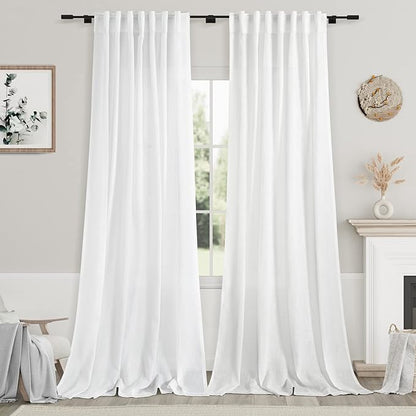 Extra Long White Curtain 108 inches Long 2 Panels Set for Living Room Back Tab Modern Farmhouse Decor Cotton Textured Off White Sheer Linen Curtains 108 inch Length for Large Window 9 FT Tall