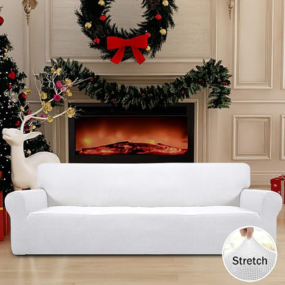 Easy-Going Stretch 4 Seater Sofa Slipcover 1-Piece Sofa Cover Furniture Protector Couch Soft with Elastic Bottom for Kids, Polyester Spandex Jacquard Fabric Small Checks Snow White