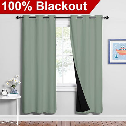 NICETOWN 100% Blackout Window Curtain Panels, Full Light Blocking Drapes with Black Liner for Nursery, 72-inch Drop Thermal Insulated Draperies (Greyish Green, 2 Pieces, 42-inch Wide Per Panel)