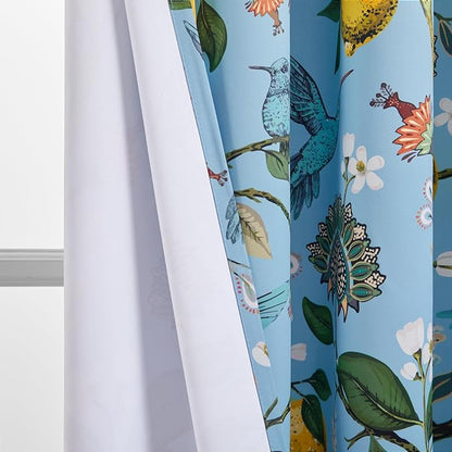 Topfinel Sliding Door Patio Floral Curtains & Drapes, Blackout Extra Wide Room Divider Large Blue Vintage Farmhouse Country Hummingbird Patterned Grommet Curtains 1 Single Panels W100 x L84