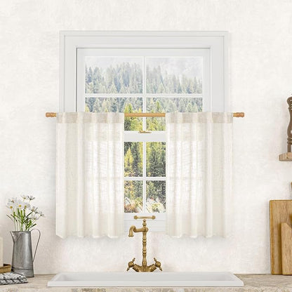 LAMIT Cream Linen Kitchen Curtains 30 Inch Length, Semi Sheer Light Filtering Window Panels Back Tab and Rod Pocket Drapes for Basement/Small Windows, 25 x 30 Inch, 2 Panels
