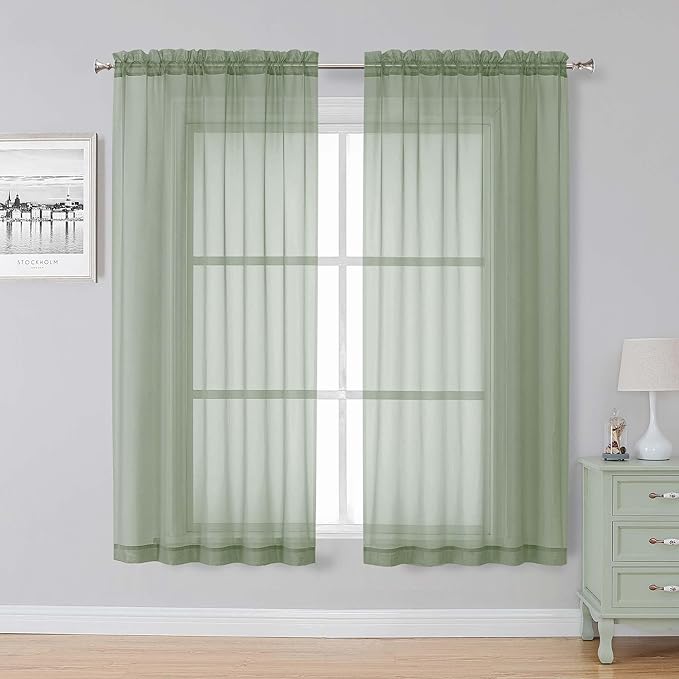 Simplebrand Sage Green Sheer Curtains, 63" Length, 2 Panels Set - Light Filtering, Rod Pocket Window Curtains for Bedroom (Sage Green, 59" W x 63" L)