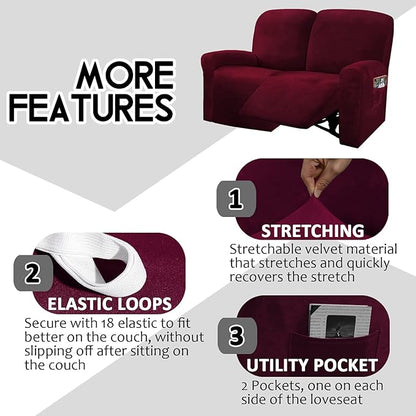 ULTICOR Reclining Love Seat Slipcover, 48" - 65" L, 6-Piece Velvet Stretch Loveseat Reclining Sofa Covers, 2 seat Love seat Recliner Cover, Thick, Soft, Washable (Burgundy - Wine)