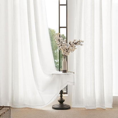 White Linen Curtains 63 inch Length 2 Panel Set for Living Room Back Tab Semi Sheer Light Filtering Bedroom Window Curtain 63 inch Long Cotton Textured Modern Elegant Coastal Drapes 42x63