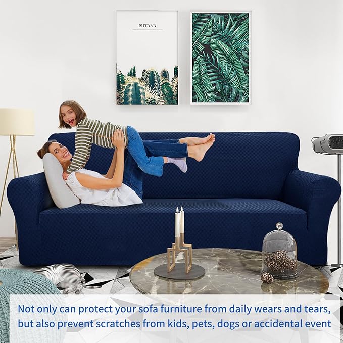 ZNSAYOTX 1 Piece Jacquard Couch Covers for 3 Cushion Couch High Stretch Sofa Cover for Pets Dogs Anti Slip Extra Large Sofa Slipcovers Furniture Protector (XL Sofa, Navy Blue)