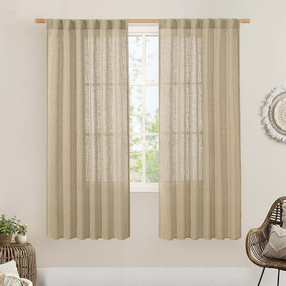 LAMIT Brown Linen Boho Curtains 68 inch Length 2 Panels, Light Filtering Semi Sheer Panels Back Tab and Rod Pocket Neutral Drapes for Bedroom/Living Room, 52 x 68 Inch