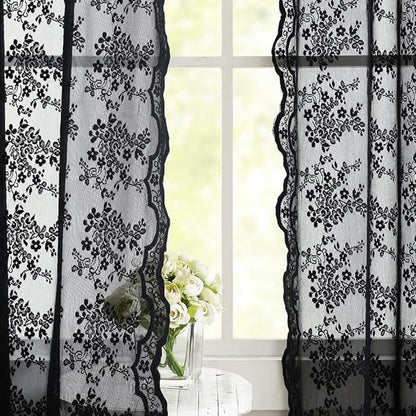 YJ YANJUN Vintage Lace Curtains 45 Inch Length-Victorian Dark Floral Pattern Black Sheer Curtain Panels for Kitchen Bedroom,Light Filtering, Gothic Witchy Halloween Short Drapes 2 Panels 52W x 45L