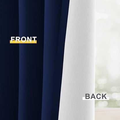 Yakamok 100% Blackout Curtain Panels 63 inches Cold and Light Blocking Drapes for Nursery, 2 Thick Layers Thermal Insulated Draperies (2 Pieces, 50 Wide Each Panel, Navy Blue/White Backing)
