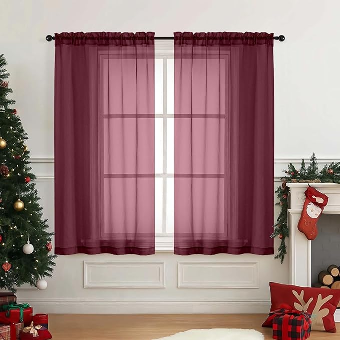 Burgundy Window Sheer Curtains 54 inch Length, Soft Airy Light Filtering Sheer Curtain 2 Panels, Dual Rod Pocket Gauze Drapes for Living Room Christmas Decoration, 2x42Wx54L Inches