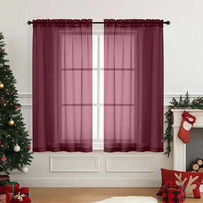 Burgundy Window Sheer Curtains 54 inch Length, Soft Airy Light Filtering Sheer Curtain 2 Panels, Dual Rod Pocket Gauze Drapes for Living Room Christmas Decoration, 2x42Wx54L Inches