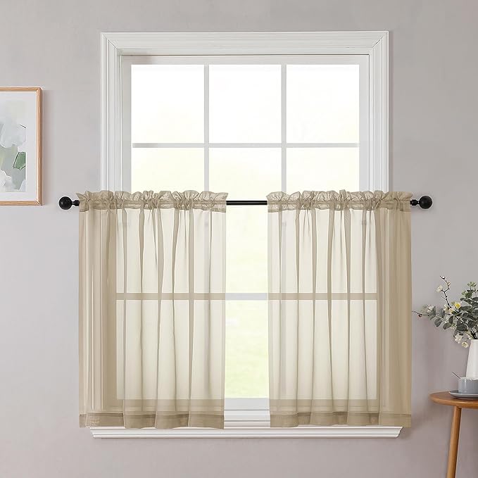 Taupe Kitchen Curtains 30 Inch Length Tier 2 PCS, Solid Soft Airy Half Curtains for Windows, Taupe Sheer Rod Pocket Drapes for Bathroom Basement Small Window, 42" Wx30 L Inches