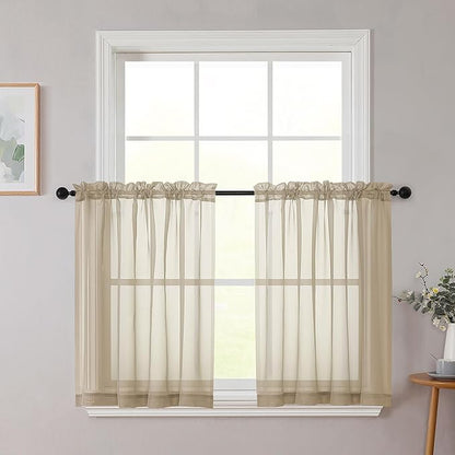 Taupe Kitchen Curtains 30 Inch Length Tier 2 PCS, Solid Soft Airy Half Curtains for Windows, Taupe Sheer Rod Pocket Drapes for Bathroom Basement Small Window, 42" Wx30 L Inches