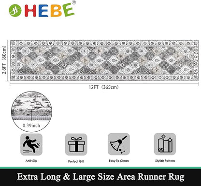 HEBE Hallway Runner Rug 2'8''x12' Washable Vintage Distressed Area Rugs Non Slip Laundry Rug Runner Boho Floor Carpet Runners for Hallways Entryway Laundry Room Kitchen Bathroom