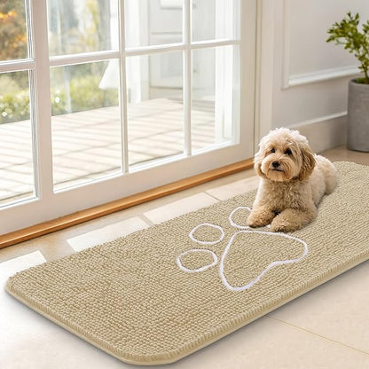 OLANLY Dog Door Mat for Muddy Paws 47x17, Paw Print Design, Absorbs Moisture and Dirt, Absorbent Non-Slip Washable Doormat, Quick Dry Chenille Mud Mat for Dogs, Entry Indoor Entryway Carpet, Beige