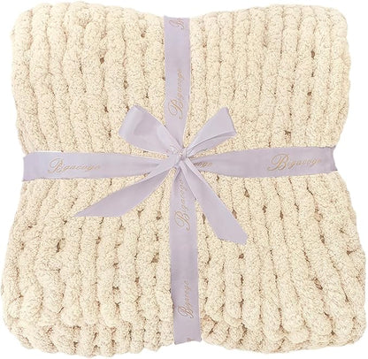 Bigacogo Chunky Knit Throw Blanket for Couch, 40x40 inches, 100% Hand Knitted with Thick Jumbo Chenille Yarn, Cozy Soft Large Rope Knot Cable Crochet Blankets for Sofa Bed Living Room, Beige
