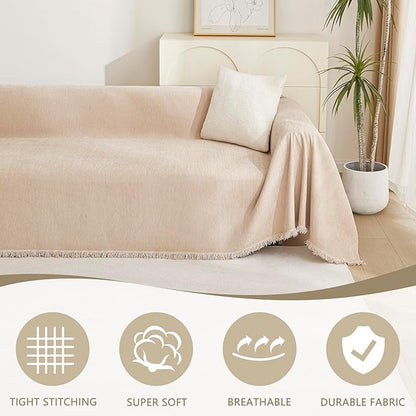 MYSKY HOME Khaki Sectional Sofa Covers Chenille Couch Cover for Dogs Solid Sofa Cover for 3 Cushion Couch Washable Couch Covers with Tassel Edge L Shape Sofa Throw Large Sofa Slipcover, 71" X134"