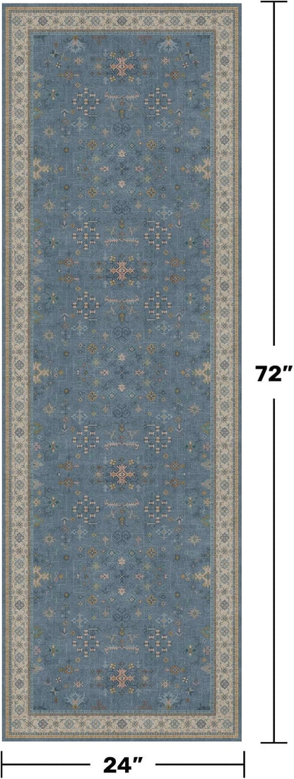 Hazo Haus Boho 2x6 Non Slip Kitchen Rug Runner - Light Blue Washable Rug for Bathroom, Laundry Room, Hallway, Non Slip with Rubber Backing, Floral Eclectic Unique Runner Décor